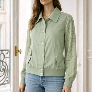 7 For All Mankind Cotton Bomber Jacket Women Size Small Olive Green Snap Button